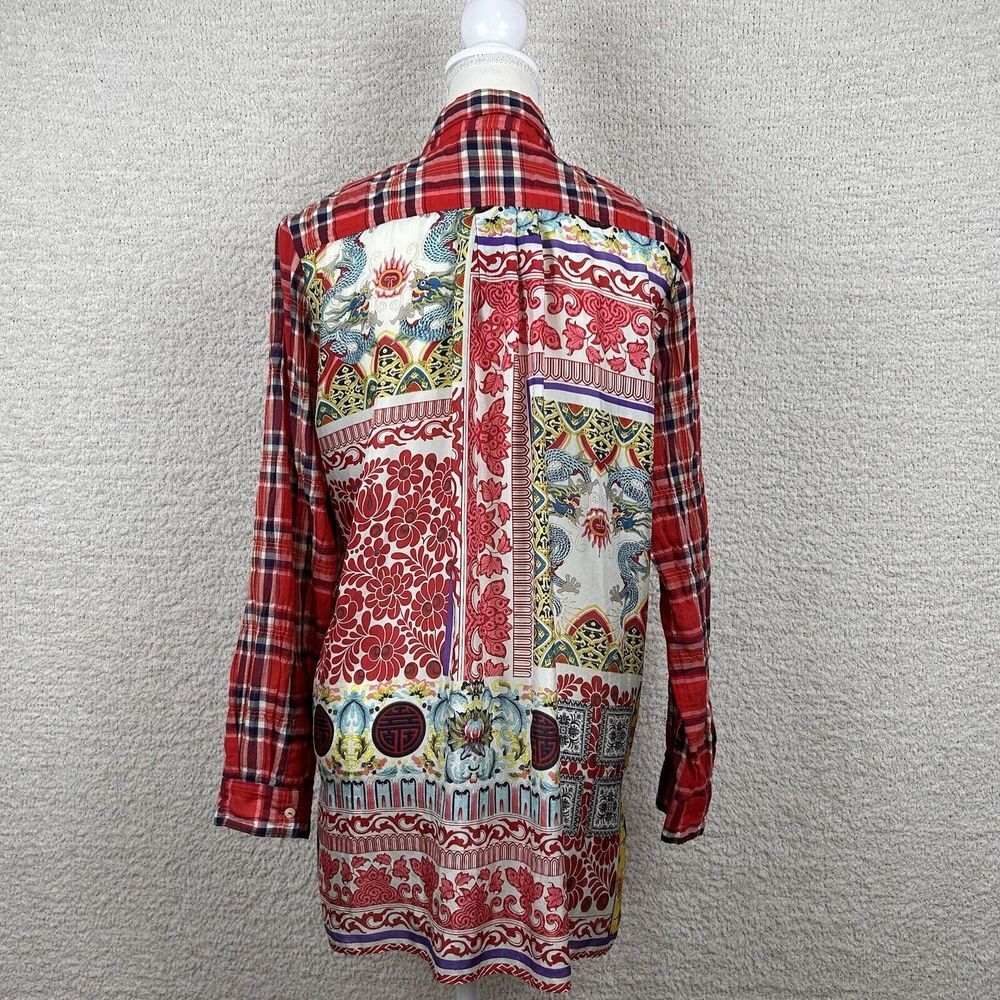 Johnny Was Top Womens Small Red Plaid Lightweight Oversized Button Down Shirt